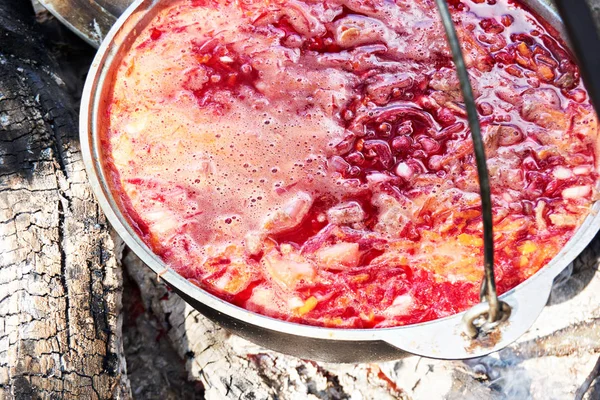 Борщский суп в горшочке на костре — стоковое фото