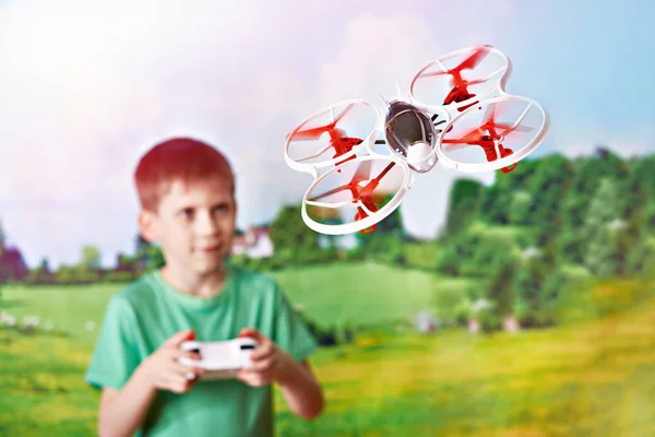 Little Boy Drives Toy Quadcopter Drone Nature Landscape — Stock Photo, Image