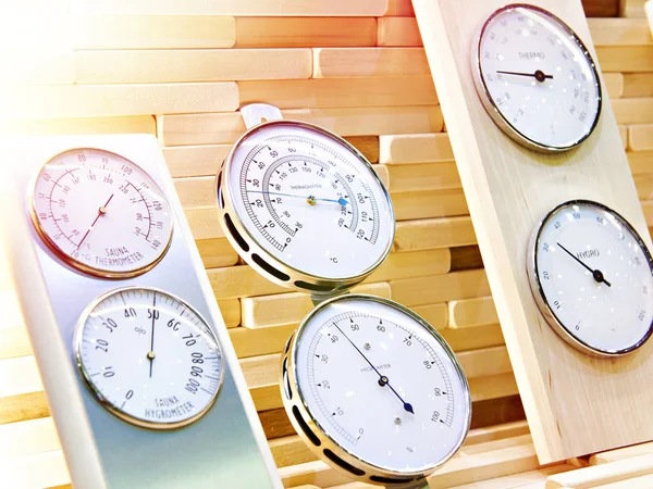 Thermometers and hygrometers for sauna baths in store — Stock Image Thermometers Hygrometers Sauna Baths Store Royalty Free Stock Images