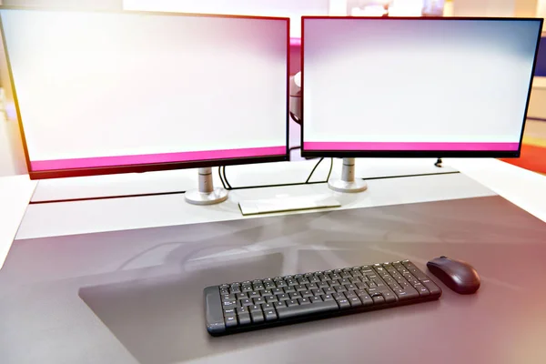 Ergonomic Workplace Keyboard Monitors Concept — Stock Photo, Image