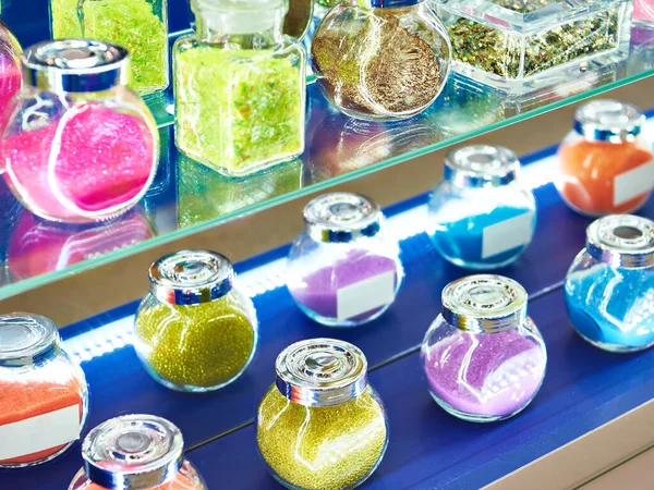 Jars Shiny Decorative Dyes Display Case — Stock Photo, Image