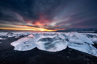 Kuzey Kutbu 'nda gün batımında kumlu sahilde eriyen buzul parçalarının manzarası.