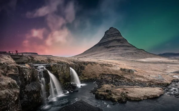 Northern Lights Aurora Borealis Kirkjufell Waterfall Iceland — Stock Photo, Image