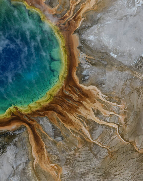 Aerial view of Grand prismatic spring in Yellowstone national park, USA