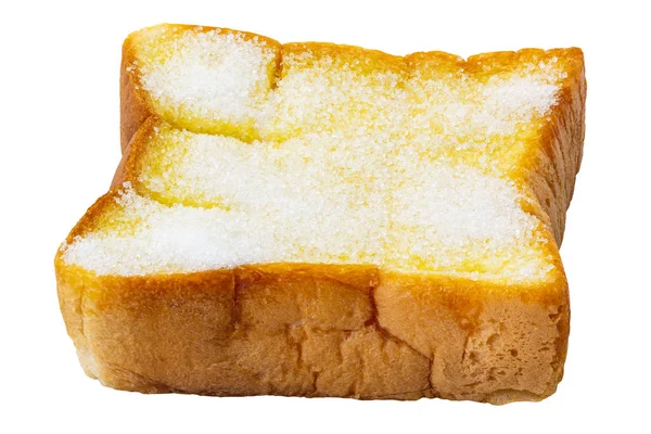 Pão Fatiado Espalhado Com Manteiga Açúcar Isolado Sobre Fundo Branco — Fotografia de Stock