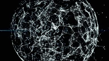 parçacıklar ve pleksus yapısı ile 3D render soyut küre. Dijital teknoloji gezegen kıta şekillendirme ile. Bir küre, animasyonlu bağlantılı çizgilerin gösterileri döndürme ve dönüşüm şekli yapılır.