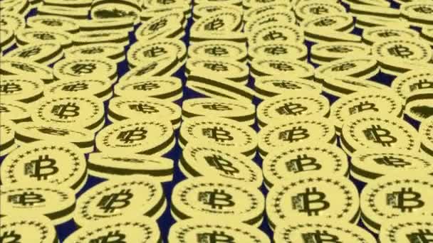 Animazione di bitcoin un muro di cripto valuta luminosa sta galleggiando in aria. Sfondo che mostra un'enorme ricchezza digitale. Il concetto di potere digitale e prosperità — Video Stock