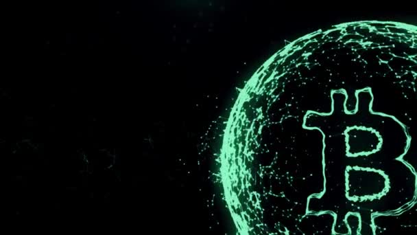 Bitcoin currency tandai animasi abstrak dalam ruang cyber digital di latar belakang hitam — Stok Video