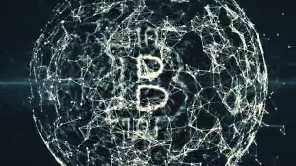 Bitcoin valutateken abstracte animatie in digitale cyberspace op zwarte achtergrond — Stockvideo