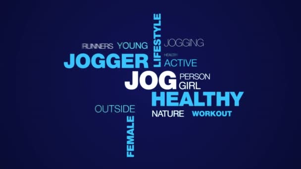 Jog healthy jogger lifestyle fit fitness sport exercise runner female people animated word cloud background in uhd 4k 3840 2160. — Stock Video