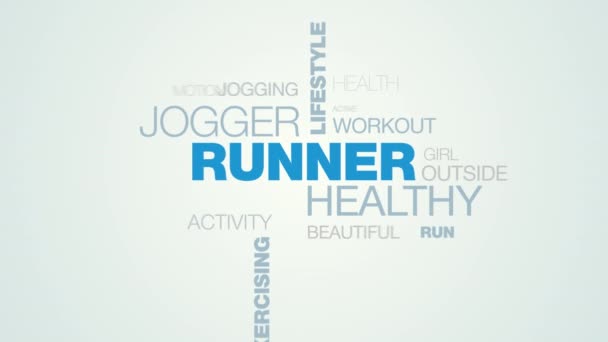 Runner sağlıklı jogger yaşam tarzı fitness spor maraton Olimpiyat şampiyonu atletik egzersiz animasyonlu kelime bulutu arka planda uhd 4k 3840 2160. — Stok video