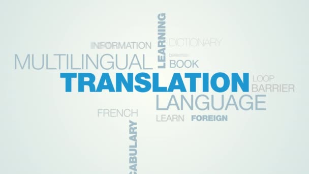 Traducción idioma aprendizaje multilingüe comunicación educación interpretación negocios vocabulario internacional escuela palabra animada nube fondo en uhd 4k 3840 2160 . — Vídeo de stock