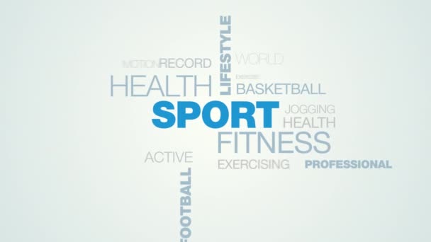 Sport hälsa livsstil OS marathon konditionsträning kör träning fotboll championship animerade word cloud bakgrund i uhd 4k 3840 2160. — Stockvideo