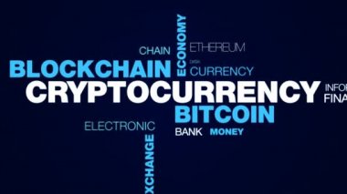 cryptocurrency bitcoin blockchain ekonomi teknoloji e-dijital döviz ekonomi Madencilik Ticaret animasyonlu kelime bulutu arka planda uhd 4k 3840 2160.