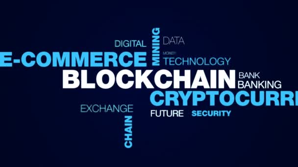 Blockchain κρυπτονόμισμα e-commerce εξόρυξης bitcoin μπλοκ οικονομία ethereum επιχειρηματική αλυσίδα διακριτικό κινουμένων σχεδίων λέξη σύννεφο φόντο σε 4k uhd 3840 2160. — Αρχείο Βίντεο