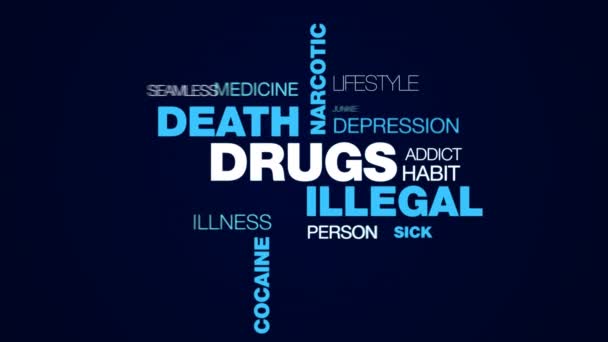 Drugs illegal death narcotic overdose injection addiction problems heroin cocaine treatment animated word cloud background in uhd 4k 3840 2160. — Stock Video
