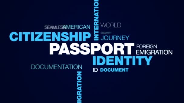 Passport kimlik vatandaşlık uluslararası sınır resmi Havaalanı gümrük kalkış göç hedef animasyon kelime bulutu arka planda uhd 4k 3840 2160. — Stok video