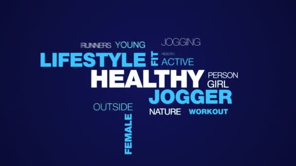 Healthy jogger lifestyle fit fitness sport jog exercise runner female people animated word cloud background in uhd 4k 3840 2160. — Stock Video