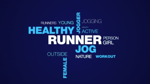 Runner jog healthy jogger lifestyle fit fitness sport exercise female people animated word cloud background in uhd 4k 3840 2160. — Stock Video