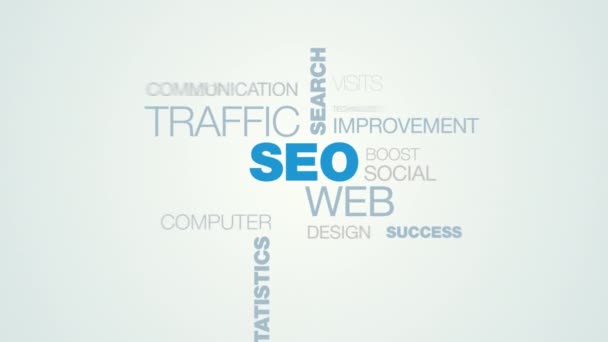 SEO web traffic search optimization ranking analysis website network statistics marketing animated word cloud background in uhd 4k 3840 2160 . — стоковое видео