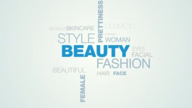 Güzellik moda stil güzellik glamour çekiciliğini doğal kozmetik modeli kadın gülümseyen animasyonlu kelime bulutu arka plan uhd 4k 3840 2160.