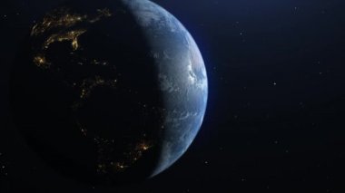 Dünya'dan alan, astronot görünümü, kavramı, uzakta uzayda yıldız ile yavaş yavaş hareket. UHD 3840 2160 görüntüleri. Nasa tarafından döşenmiş bu 3d animasyon öğeleri.