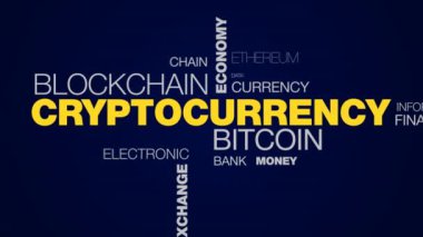 cryptocurrency bitcoin blockchain ekonomi teknoloji e-dijital döviz ekonomi Madencilik Ticaret animasyonlu kelime bulutu arka planda uhd 4k 3840 2160.