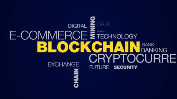 Blockchain criptomoneda comercio electrónico minería bitcoin bloque economía etéreo cadena de negocio token animados palabra nube fondo en uhd 4k 3840 2160 . — Vídeo de stock