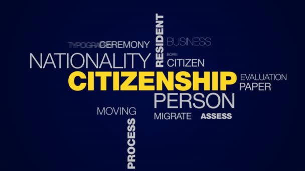 Ciudadanía persona nacionalidad residente pasaporte hombre migración soberanía en el extranjero proceso aplicar palabra animada nube fondo en uhd 4k 3840 2160 . — Vídeo de stock