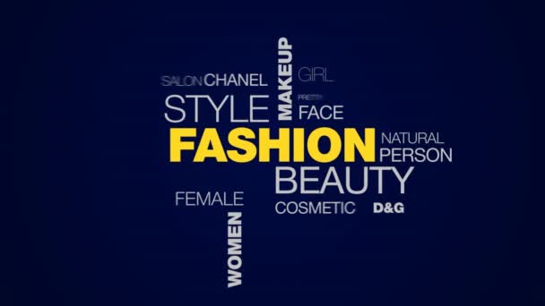 Fashion beauty style makeup glamour lifestyle cosmetics gucci versace women vogue animated word cloud background in uhd 4k 3840 2160. — Stock Video