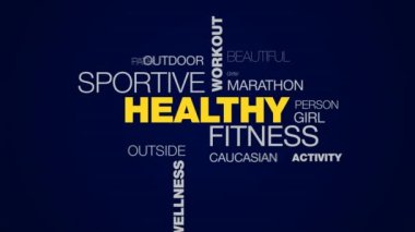 sağlıklı fitness sportif egzersiz aktif yaşam tarzı egzersiz runner jogger sağlık eğitimi animasyonlu kelime bulutu arka planda uhd 4k 3840 2160.