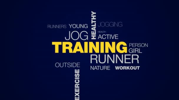 Opleiding runner jog gezonde jogger levensstijl passen fitness sport oefening vrouwelijke geanimeerde word cloud achtergrond in uhd 4k 3840 2160. — Stockvideo