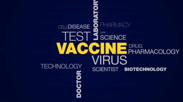 Vacuna virus prueba laboratorio infección hospital medicina química ébola médico salud animado palabra nube fondo en uhd 4k 3840 2160 . — Vídeo de stock