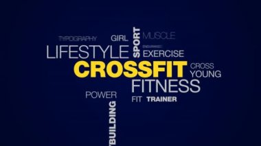 CrossFit fitness yaşam tarzı spor egzersiz jimnastik salonu Eğitim kişisel etkin vücut geliştirme atlet animasyonlu kelime bulutu arka planda uhd 4k 3840 2160.