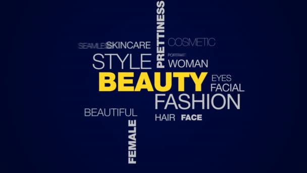 Beauty fashion style prettiness glamour attractiveness natural cosmetics model female smiling animated word cloud background in uhd 4k 3840 2160. — Stock Video
