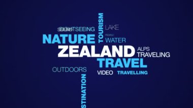 Zelanda seyahat doğa Turizm Adası yatay yaşam tarzı tatil turizm hedef kadın animasyonlu kelime bulutu arka planda uhd 4k 3840 2160.