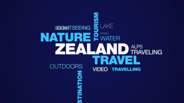 Zealand travel nature tourism island landscape lifestyle vacation tourist destination woman animated word cloud background in uhd 4k 3840 2160. — Stock Video