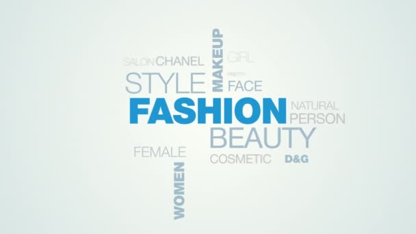 Mode skönhet stil smink glamour livsstil kosmetika gucci versace kvinnor vogue animerade word cloud bakgrund i uhd 4k 3840 2160. — Stockvideo