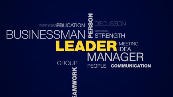 Líder gerente hombre de negocios persona éxito liderazgo influencia trabajo jefe trabajo en equipo negocio animado palabra nube fondo en uhd 4k 3840 2160 . — Vídeos de Stock