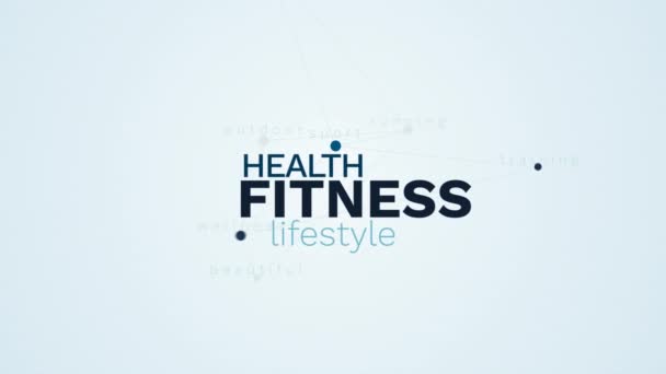 Γυμναστήριο υγείας lifestyle προπόνηση τρέξιμο δραστηριότητα αθλητισμού κατάρτισης wellness όμορφη εξωτερική κινουμένων σχεδίων λέξη σύννεφο φόντο σε 4k uhd 3840 2160. — Αρχείο Βίντεο
