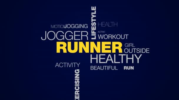 Runner healthy jogger lifestyle fitness sport marathon olympics champion exercising athletic animated word cloud background in uhd 4k 3840 2160. — Stock Video