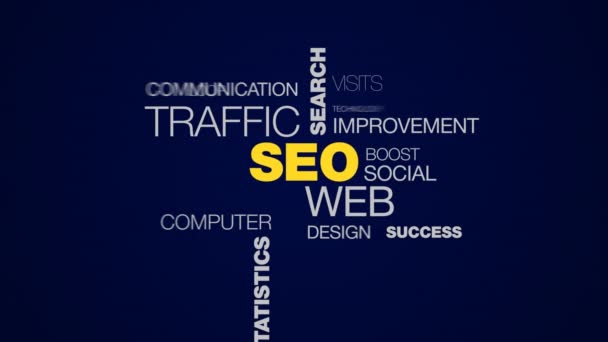 SEO web traffic sökmotoroptimering placering analys webbplats nätverk statistik marknadsföring animerade word cloud bakgrund i uhd 4k 3840 2160. — Stockvideo