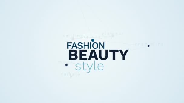 Beauty fashion style prettiness glamour attractiveness natural cosmetics model female smiling animated word cloud background in uhd 4k 3840 2160. — Stock Video