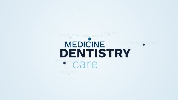 Οδοντιατρική ιατρική φροντίδα στοματολογίας τερηδόνα δόντια λεύκανση υγειονομικής περίθαλψης οδοντίατρος στοματική υγιεινή κινουμένων σχεδίων λέξη σύννεφο φόντο σε 4k uhd 3840 2160. — Αρχείο Βίντεο