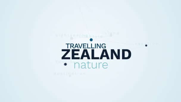Zelandia podróży natura turystyki wyspa krajobraz styl życia wakacje turystycznych przeznaczenia zwiedzanie animowany słowo cloud tło w uhd 4k 3840 2160. — Wideo stockowe