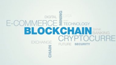 Blockchain cryptocurrency e-ticaret madencilik bitcoin kelime bulut beyaz mavi degrade arka plan üzerinde görünür de kullanılan animasyonlu kişisel yeni para birimi iş kelime olarak arka planda uhd 4k 3840 2160