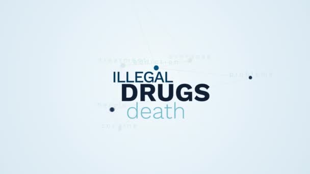 Drugs illegal death narcotic overdose injection addiction problems heroin cocaine treatment animated word cloud background in uhd 4k 3840 2160. — Stock Video