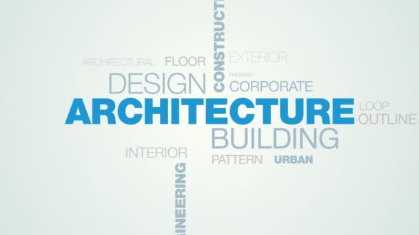 建筑建筑设计施工蓝图词云出现在白色蓝色梯度背景上, 也以动画结构技术项目业务词为背景, 在 uhd 4k 3840 — 图库视频影像