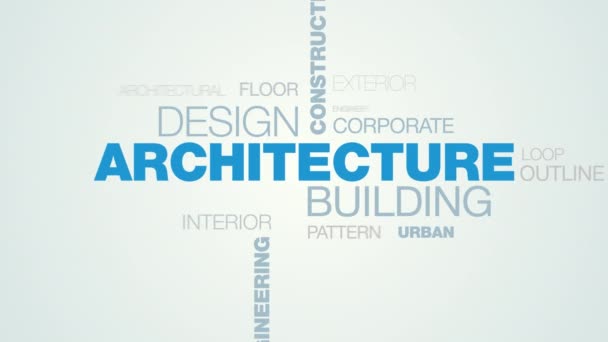 Tasarım İnşaat planı kelime bulutu görünür beyaz mavi degrade zemin üzerine bina mimari de arka planda uhd 4k olarak animasyonlu yapı proje iş sözcük teknoloji kullanılan 3840 — Stok video