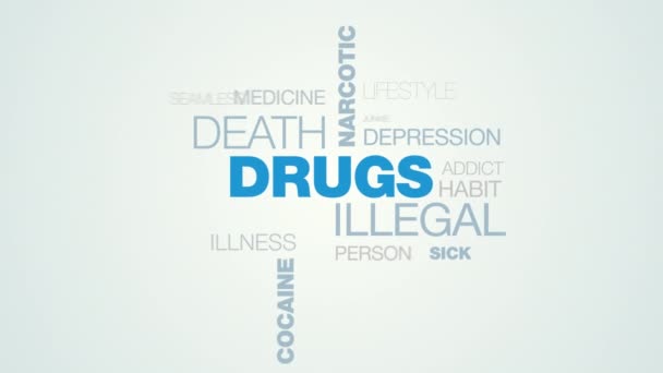 Drogas muerte ilegal narcótico asocial palabra nube apear en el blanco azul gradiente fondo, también utiliza animado sobredosis inyección adicción heroína palabra como fondo en uhd 4k 3840 2160 — Vídeo de stock
